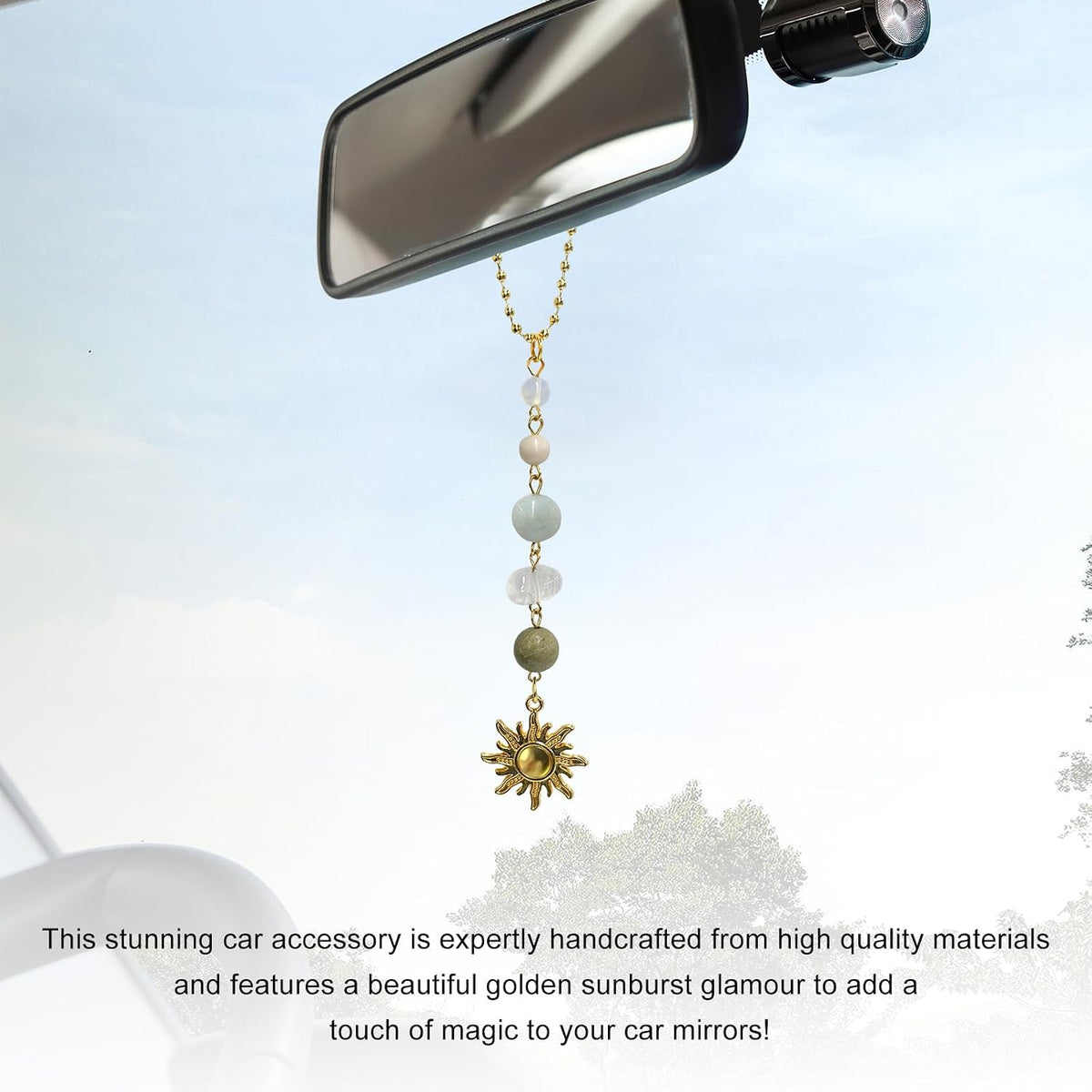 Sun Hanging Car Charm, Rear View Mirror Cute Boho Dangling Sun Car Decor Hanging Ornament, Handmade Healing Natural Crystals Stones Sun Catcher Mirror Pendant for Women Men (Green)
