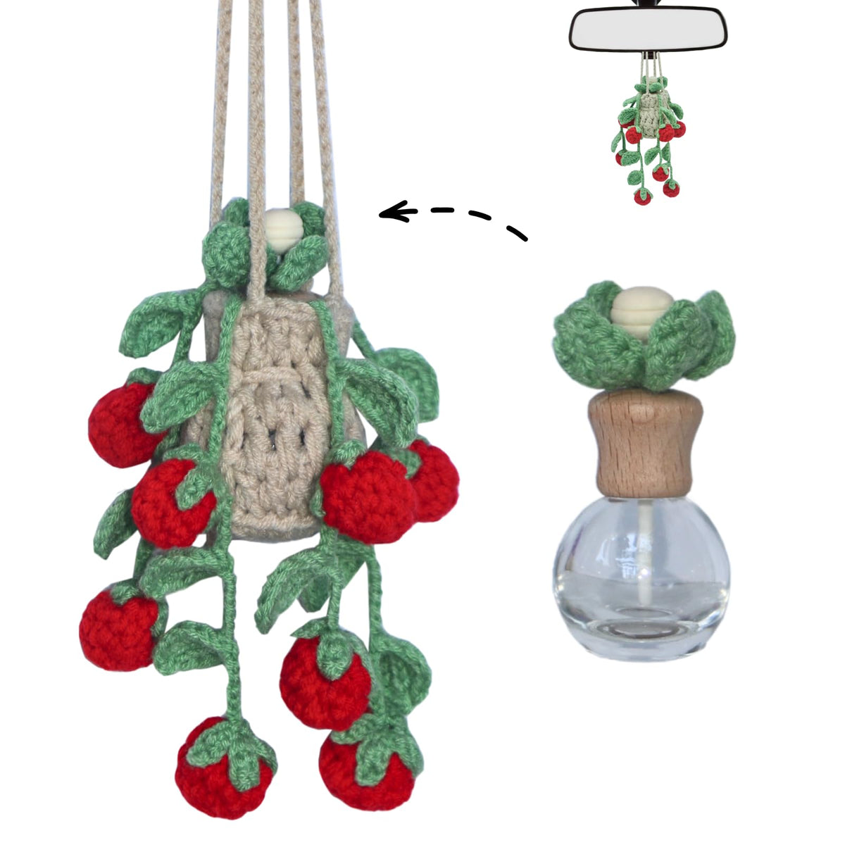 ROFIGL Handmade Crochet Hanging Car Air Freshener - Glow-in-the-Dark Lily of the Valley Plant with 12ml Refillable Essential Oil Diffuser Bottle, Halloween Car Accessories & Bedroom Nightlight Decor