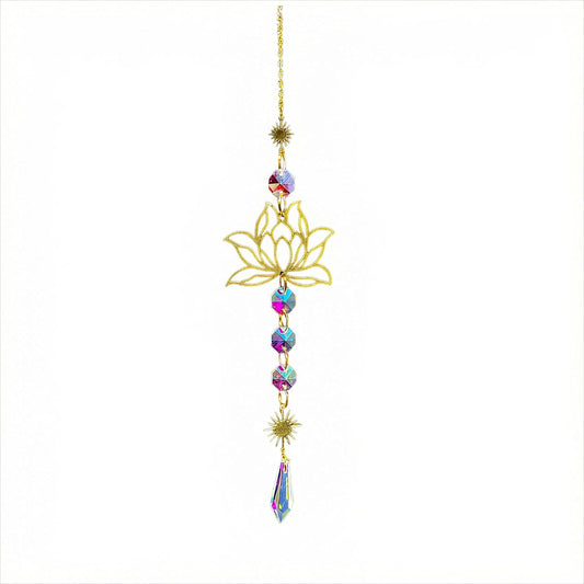 Colorful Crystal car Mirror Hanging Accessories，Car Charm，Rear View Mirror Hanging Decors， Gifts for Women (Lotus Flower-Golden)