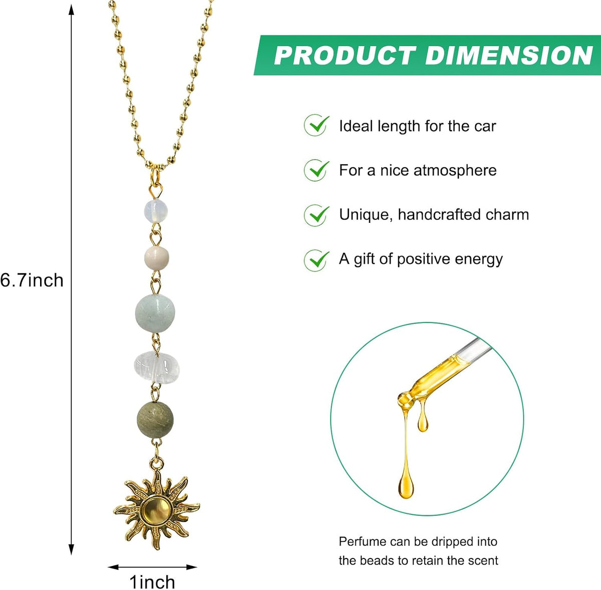 Sun Hanging Car Charm, Rear View Mirror Cute Boho Dangling Sun Car Decor Hanging Ornament, Handmade Healing Natural Crystals Stones Sun Catcher Mirror Pendant for Women Men (Green)