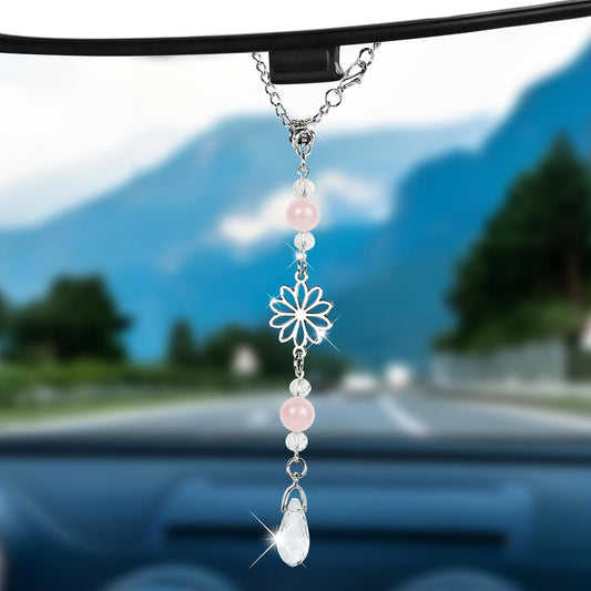 Hovom Flower Car Charm for Rear View Mirror, Cute Crystal Rearview Mirror Hanging Ornaments, Auto Window Boho Hanging Pendant Sun Catcher, Car Decorations Gifts for Women Girls (Pink)
