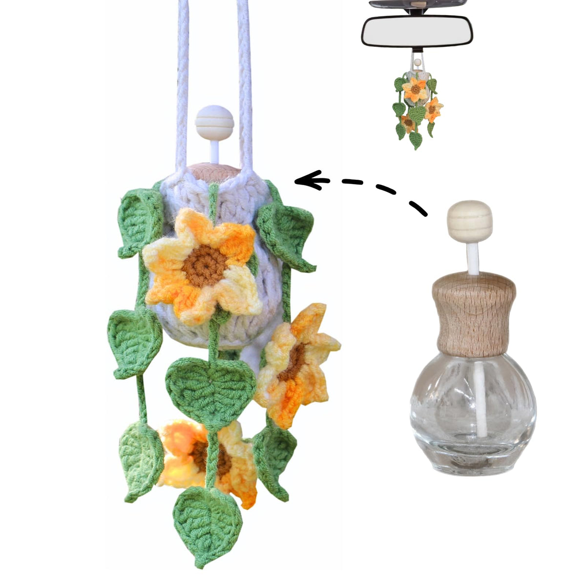 Cute Crochet Car Plant Monstera Essential Oil Diffuser Bottle - 12ml Refillable, Green Car Accessory for Mirror Decor and Home Decor