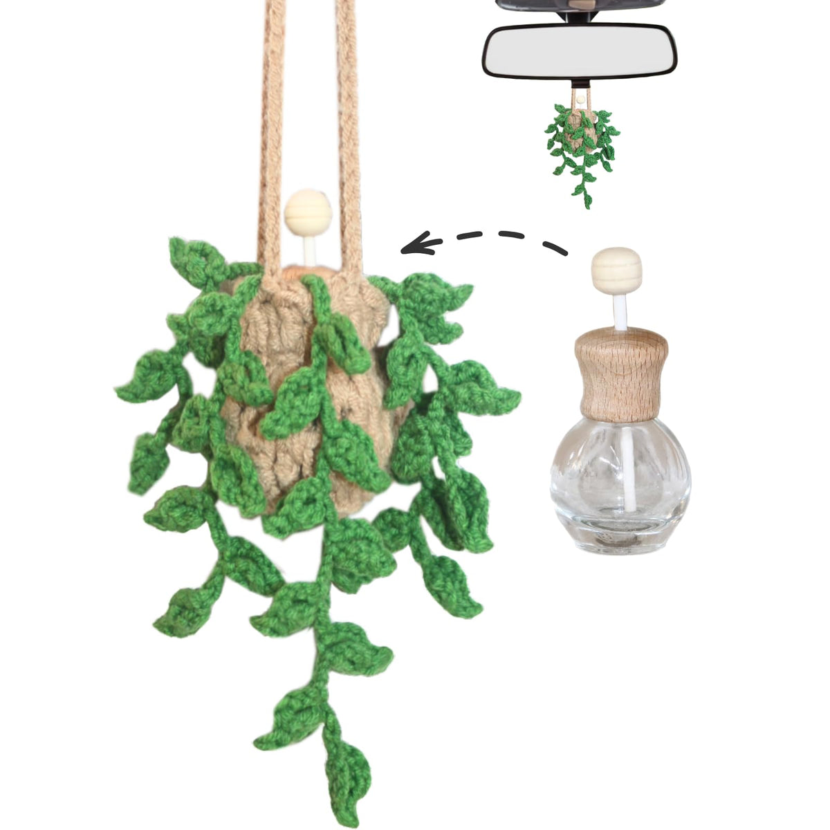 Cute Crochet Car Plant Monstera Essential Oil Diffuser Bottle - 12ml Refillable, Green Car Accessory for Mirror Decor and Home Decor