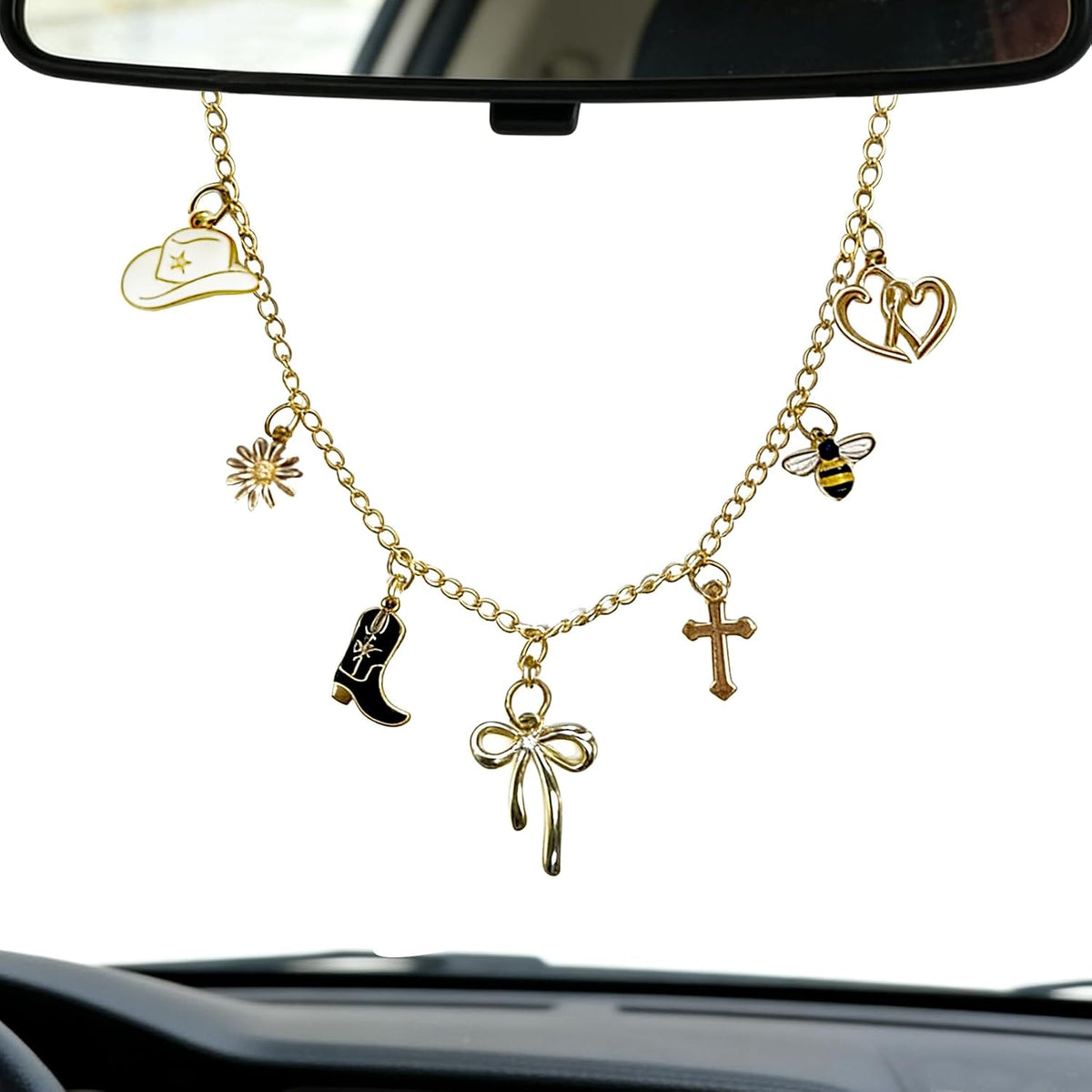 Car Rearview Mirror Charm Gold Hanging Cross Western Cowgirl Ornament