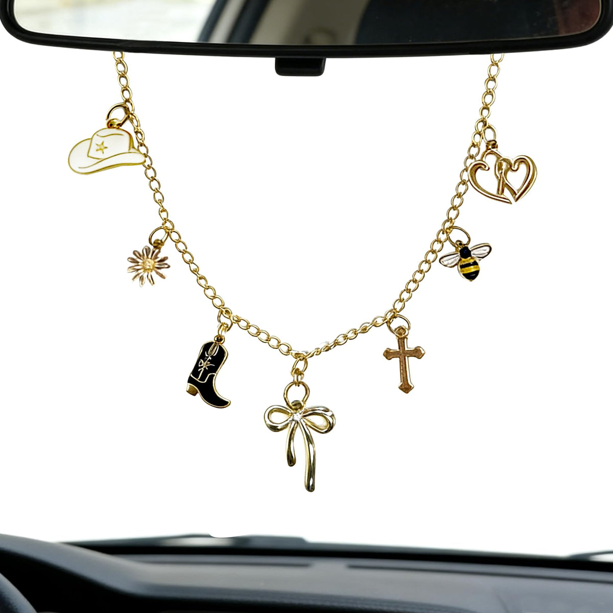 Car Rearview Mirror Charm Gold Hanging Cross Western Cowgirl Ornament