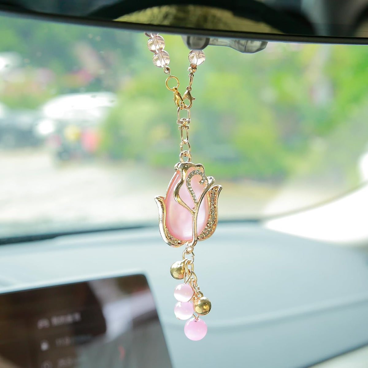 YGMONER Tulip Car Mirror Hanging Ornaments Pink Cat's Eye Stone Flower Charm - 9 Inch Elegant for Women's Auto Decor Accessories