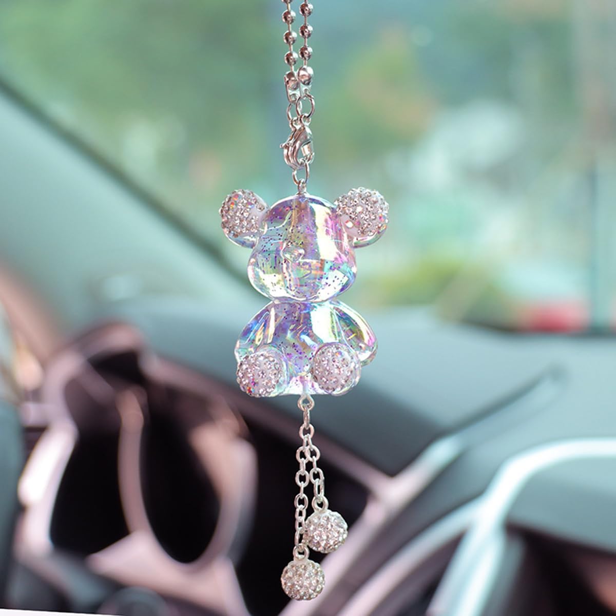 YOYLMAL Bling Diamond Car Hanging Accessories for Women, Cute Crystal Bear Car Rear View Mirror Charms Pendant Lucky Hanging Ornament Car Interior Decorations (Pink)