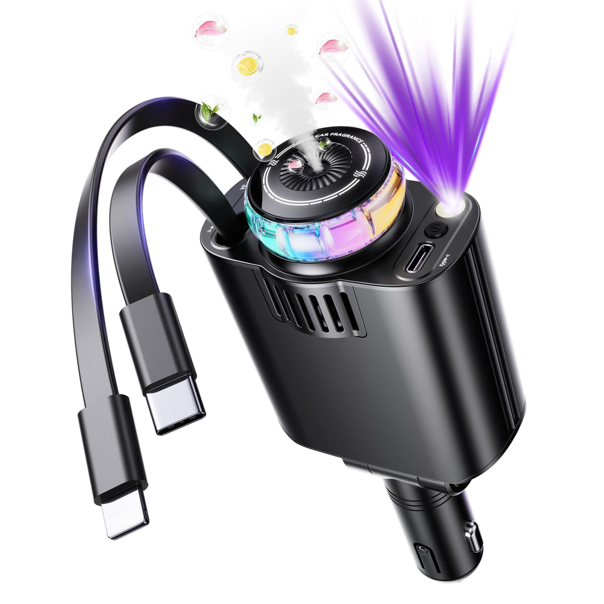 5 in 1 Retractable USB C Car Charger Fast Charge Aromatherapy Starry Sky