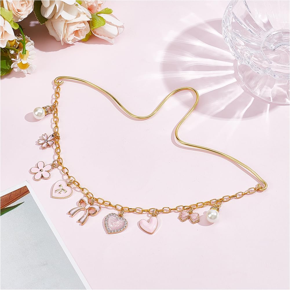 Rearview Mirror Hanging Ornament Pink Car Charm with Bow Heart Flower Pearl Aluminum Cute Feminine Aesthetic Rearview Mirror Hanging Accessories Car Decor Gift for Women