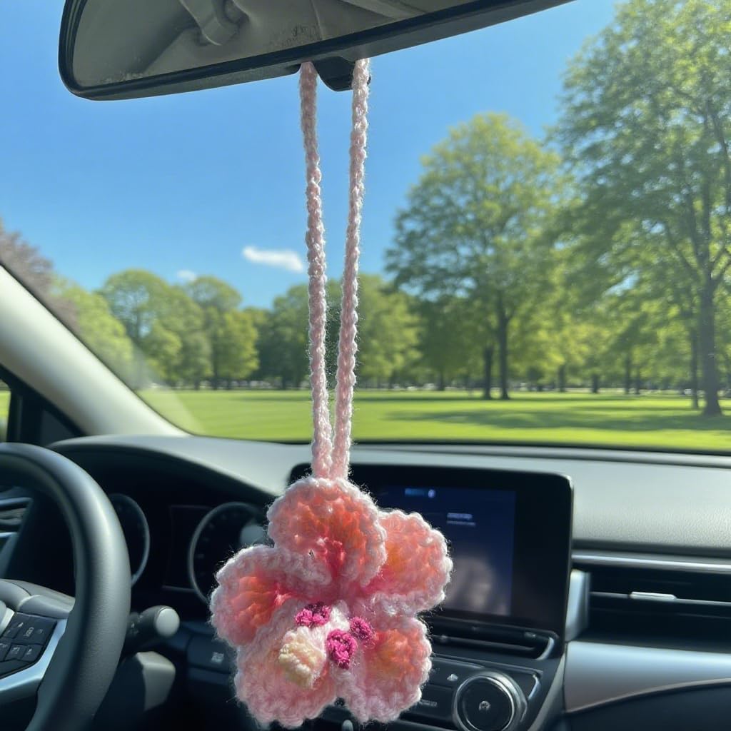 Flower Car Hanging Decor,Crochet Charm,Rear View Mirror Accessories