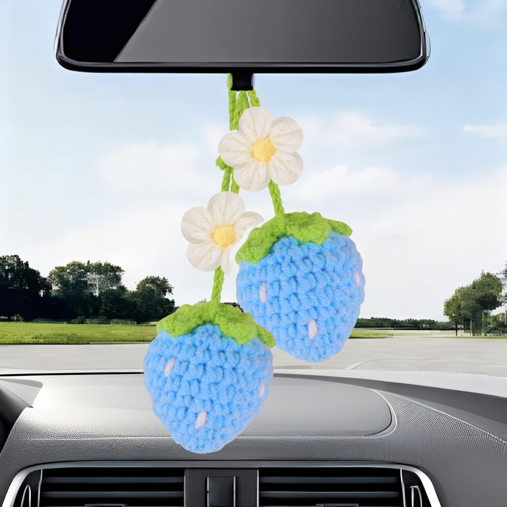 Crochet Strawberry and Flower Car Hanging Ornaments, Aesthetic Rearview Mirror Hanging Accessories, Handmade Car Decor 2-Pack, Pink