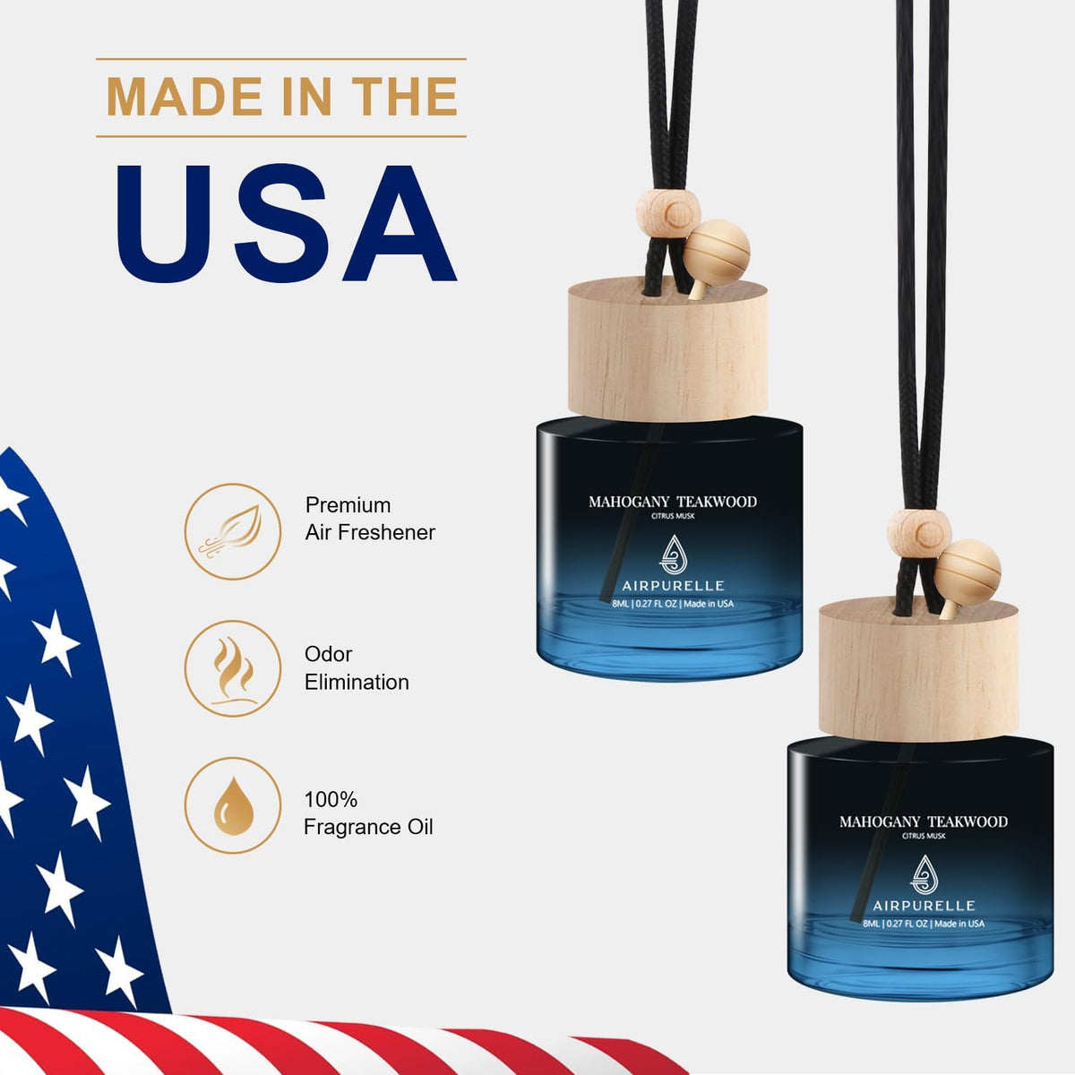 Car Air Freshener Hanging 2 Pack Car Air Fresheners Diffuser - Mahogany Teakwood Fragrance Oil Air Diffuser for Car, 45+ days Long Lasting Car Fresheners Fragrance, Two 0.27 FL OZ/8ML Made in USA