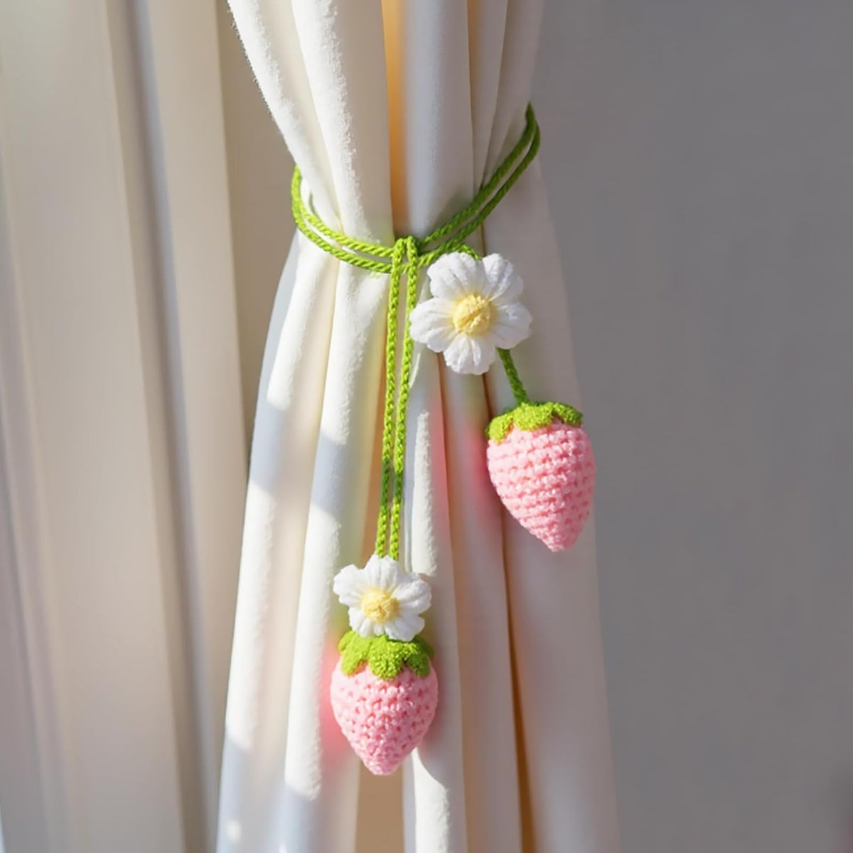 Crochet Strawberry and Flower Car Hanging Ornaments, Cute Aesthetic Rearview Mirror Hanging Accessories for Women and Girls, Handmade Polyester Fiber Car Decor 2-Pack
