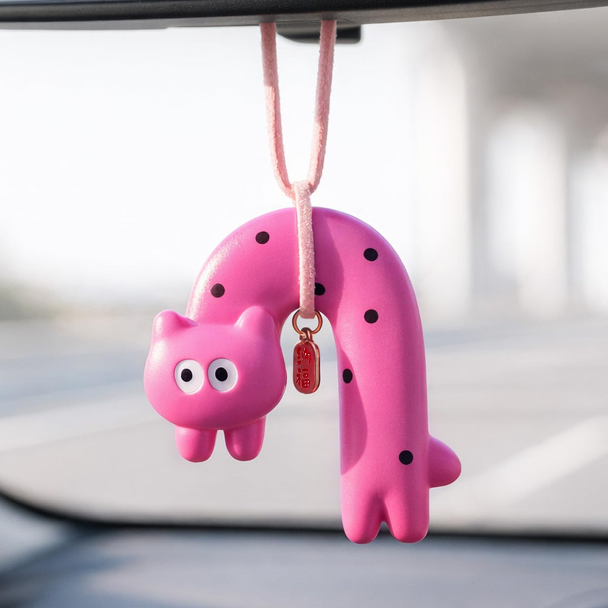 YGMONER Cute Cat Car Mirror Hanging Accessories, Pink Polka Dot Kitten Car Interior Rearview Mirror Gypsum Dangle Ornaments, Gifts for Women (White)