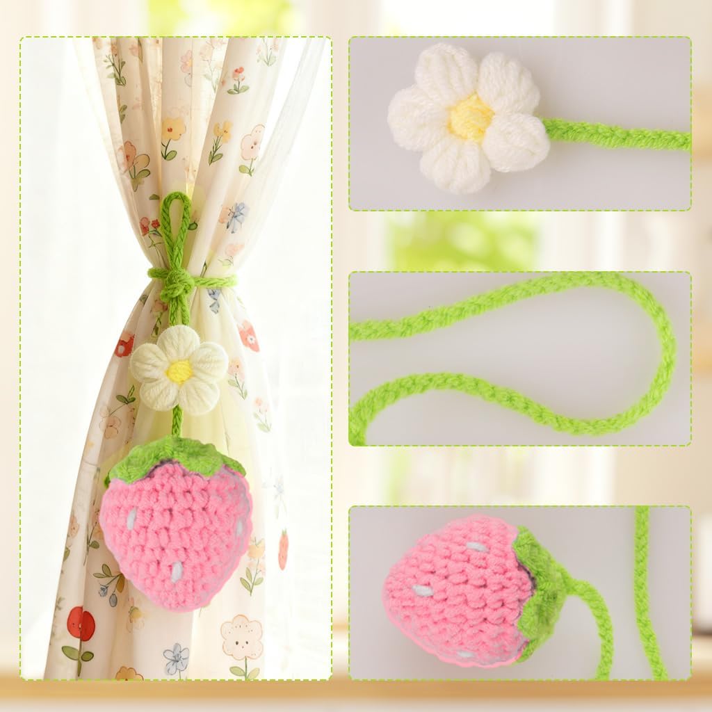 Crochet Strawberry and Flower Car Hanging Ornaments, Aesthetic Rearview Mirror Hanging Accessories, Handmade Car Decor 2-Pack, Pink