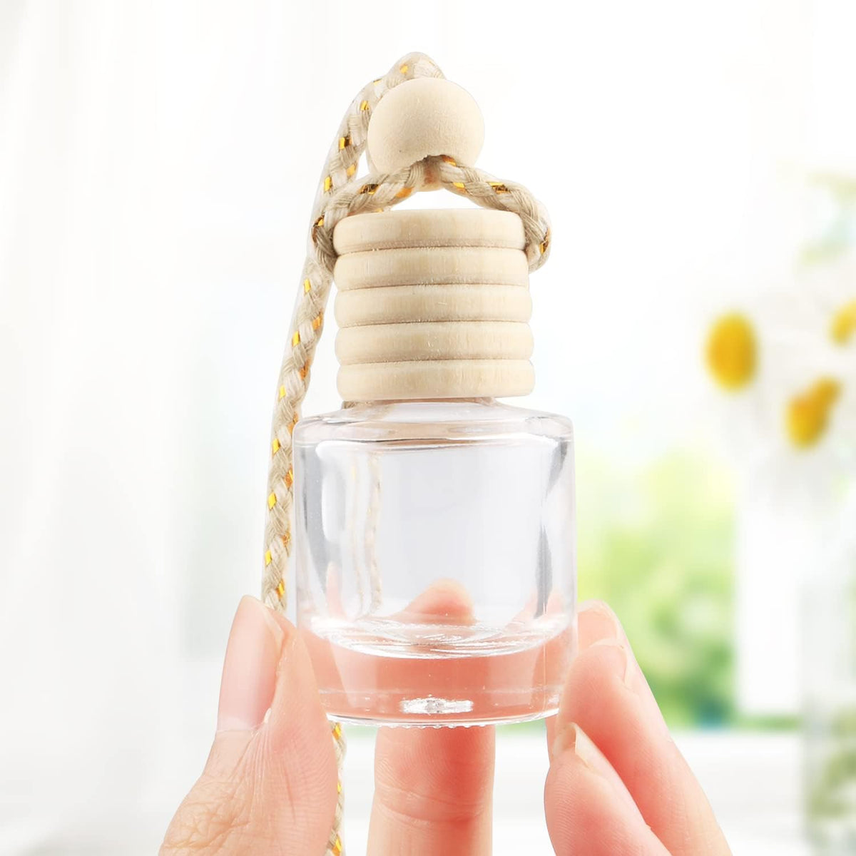 20 Pcs 8ml Hanging Car Air Freshener Diffuser,Empty Clear Glass Essential Diffuser Oil Aromatherapy Fragrance Perfume Pendant Glass Vials with Wooden Caps & Hanging String,Cylindrical