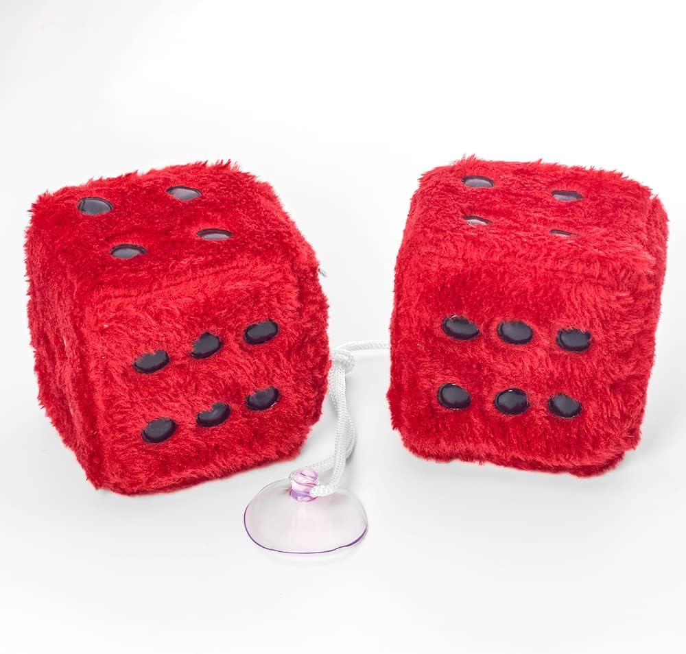 Fuzzy Plush Dice for Car Mirror, Pair of Retro 3” Red Dice with Black Dots for Car Interior Hanging Ornament Decoration