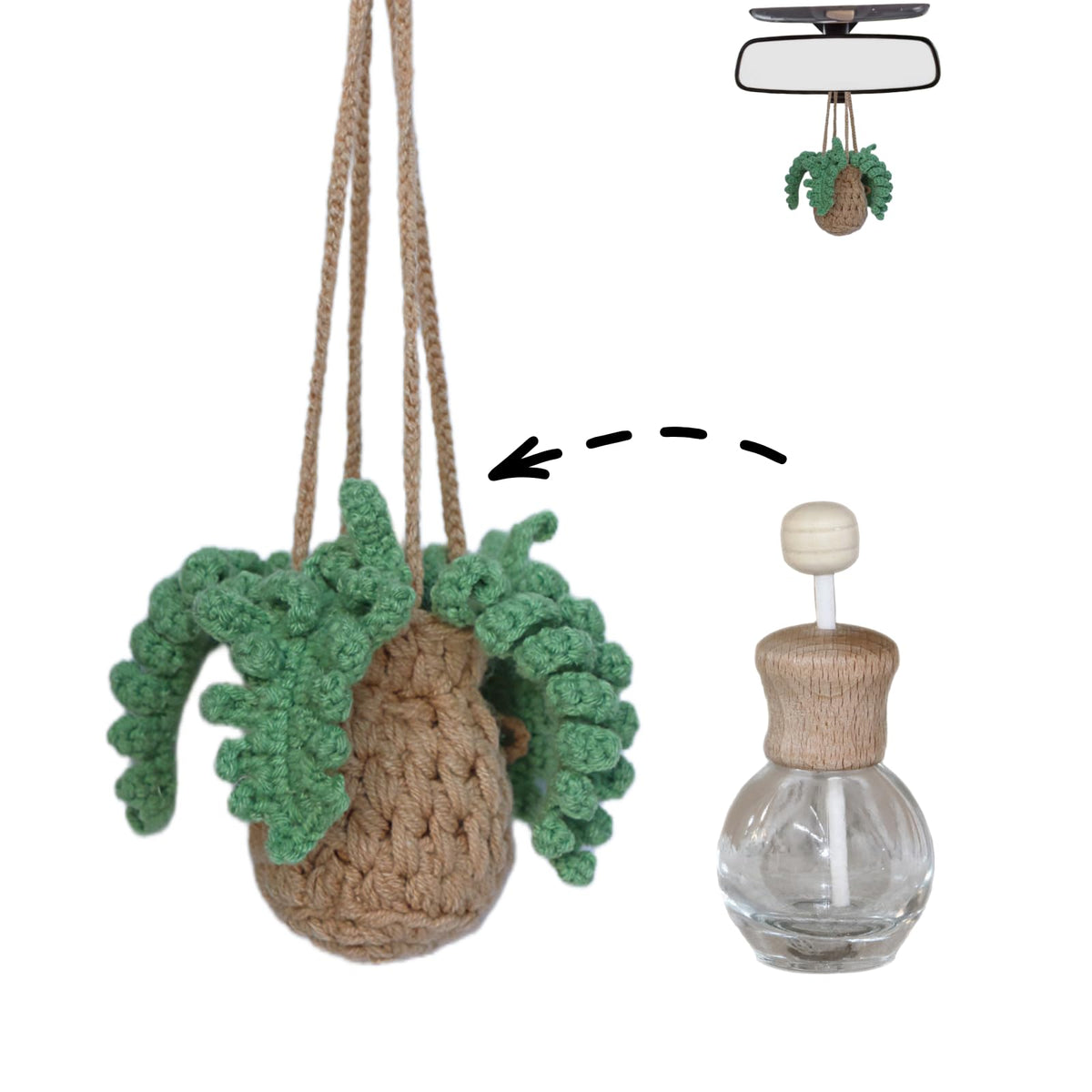 Cute Crochet Car Plant Monstera Essential Oil Diffuser Bottle - 12ml Refillable, Green Car Accessory for Mirror Decor and Home Decor