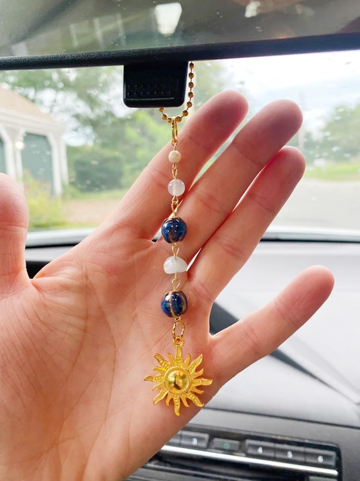 Sun Hanging Car Charm,Gold Rear View Mirror Accessories,Boho Crystals Decor