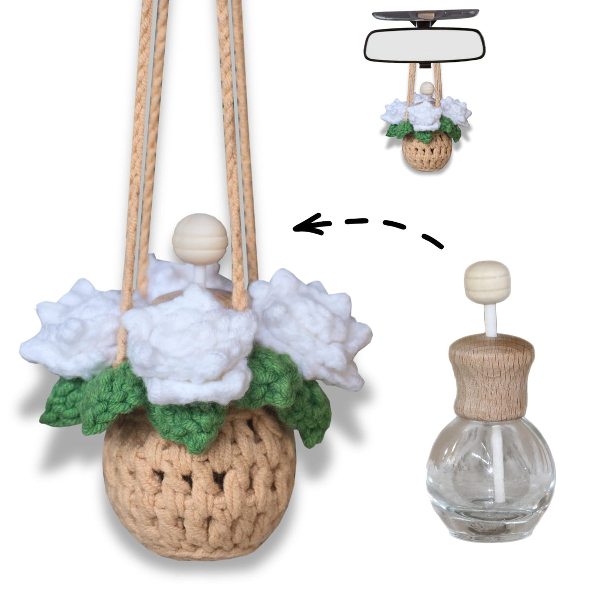 ROFIGL Handmade Crochet Hanging Car Air Freshener - Glow-in-the-Dark Lily of the Valley Plant with 12ml Refillable Essential Oil Diffuser Bottle, Halloween Car Accessories & Bedroom Nightlight Decor