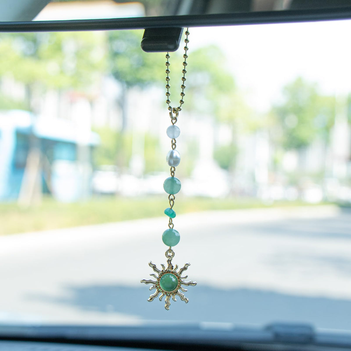 Sun Hanging Car Decor, Rear View Mirror Accessories, Cute Boho Car Accessories for Women, Handmade Charm, Natural Crystals Stones Ornament (Green Stone)
