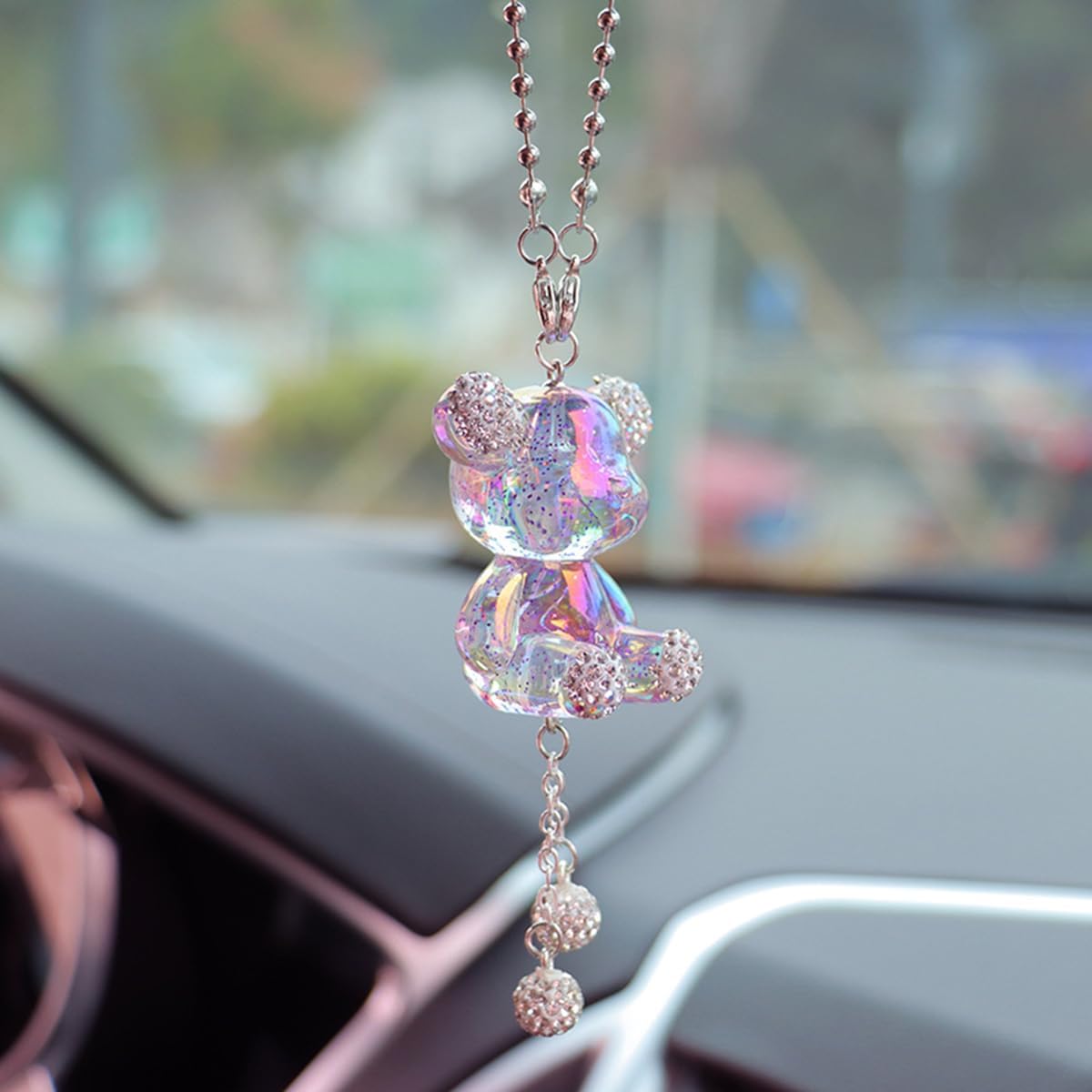 YOYLMAL Bling Diamond Car Hanging Accessories for Women, Cute Crystal Bear Car Rear View Mirror Charms Pendant Lucky Hanging Ornament Car Interior Decorations (Pink)