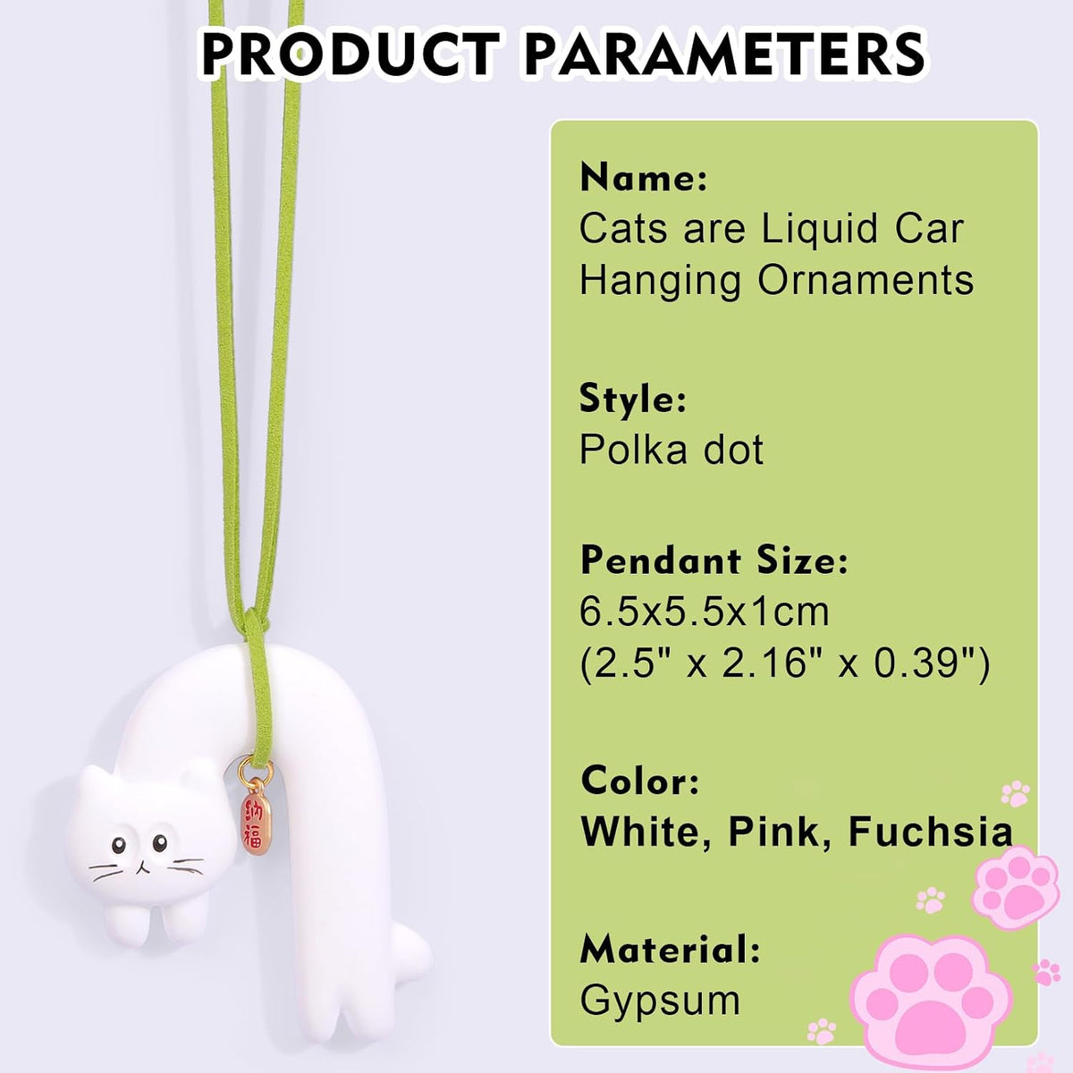 YGMONER Cute Cat Car Mirror Hanging Accessories, Pink Polka Dot Kitten Car Interior Rearview Mirror Gypsum Dangle Ornaments, Gifts for Women (White)