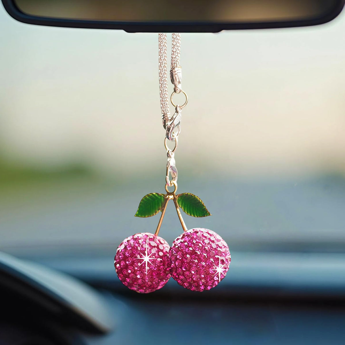 Bling Cherry Car Hanging Ornament, Cute Crystal Rear View Mirror Pendant, Sparkly Diamond Rearview Mirror Charms, Lucky Car Interior Decor Accessories (Red)