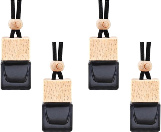 4 Pcs Hanging Car Air Freshener Bottles, Empty Black Glass Diffuser with Essential Oil - Refillable Aromatherapy Pendant for Auto, Home, Office Decor (Square, Cube Shape)