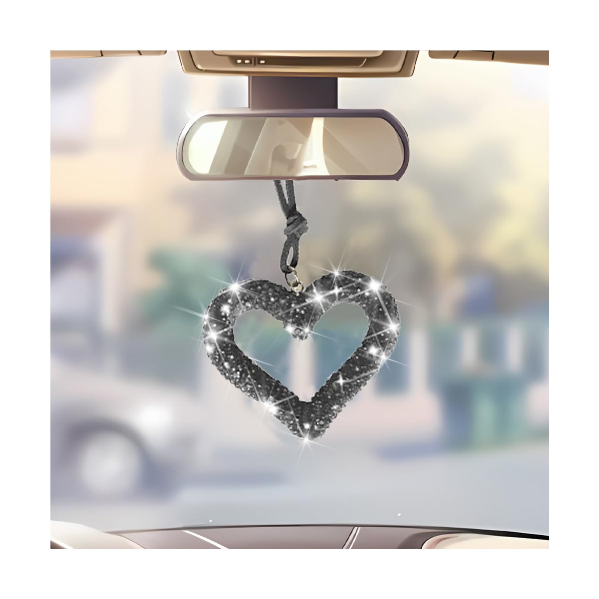 Mandark Crystal Rhinestone Heart Rearview Mirror Pendant, Black