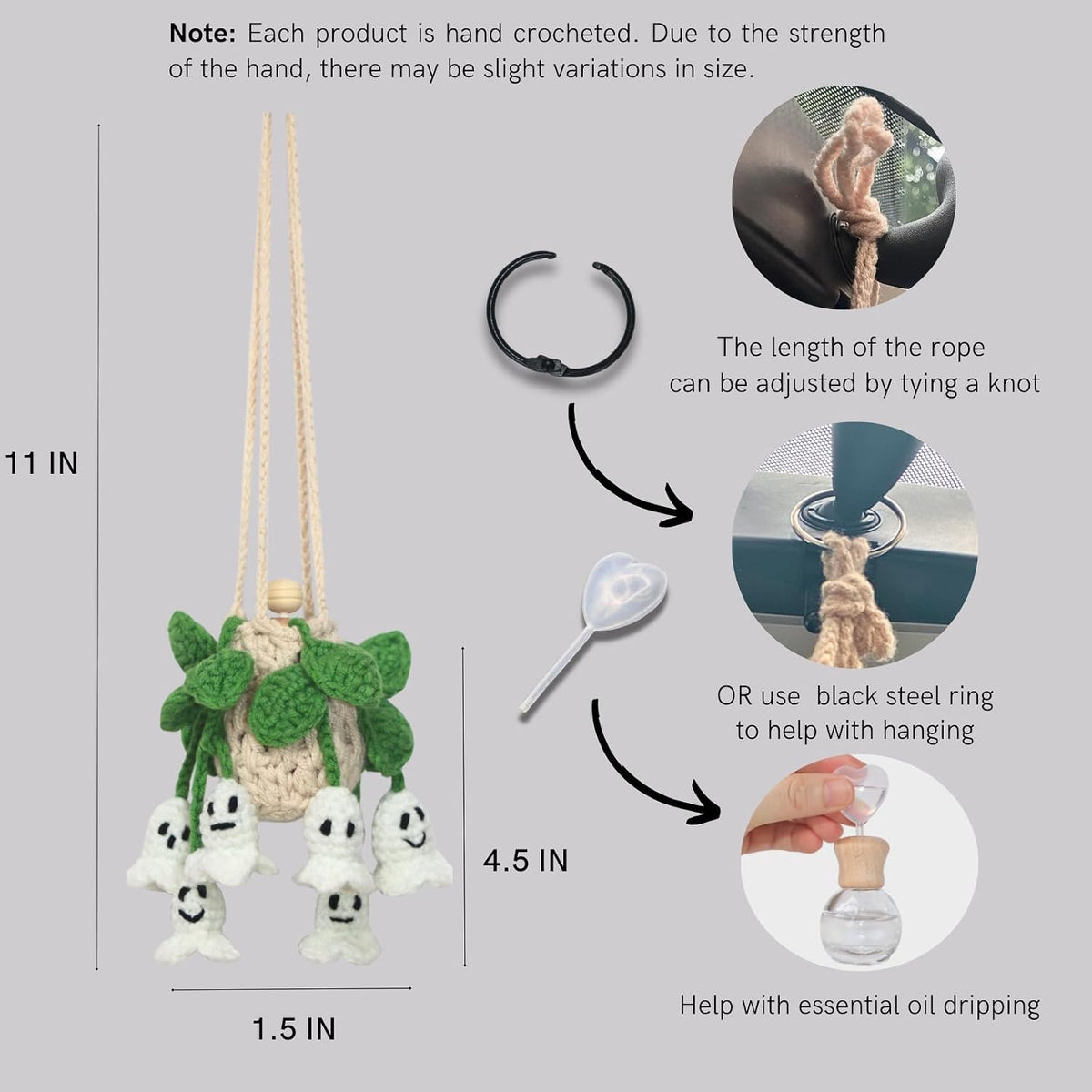 ROFIGL Handmade Crochet Hanging Car Air Freshener - Glow-in-the-Dark Lily of the Valley Plant with 12ml Refillable Essential Oil Diffuser Bottle, Halloween Car Accessories & Bedroom Nightlight Decor