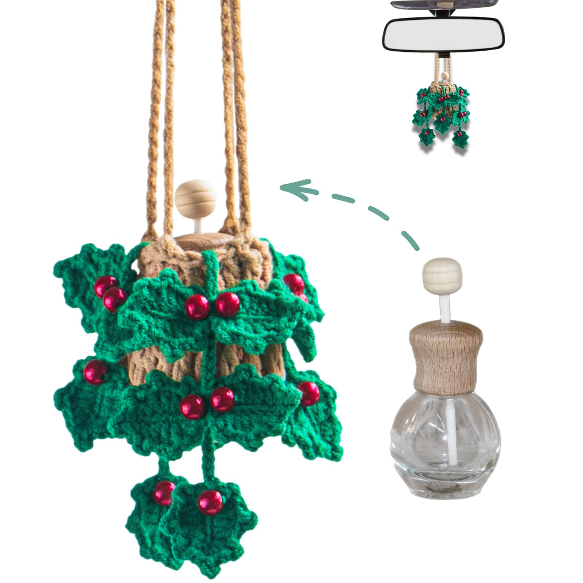 ROFIGL Handmade Crochet Hanging Car Air Freshener - Glow-in-the-Dark Lily of the Valley Plant with 12ml Refillable Essential Oil Diffuser Bottle, Halloween Car Accessories & Bedroom Nightlight Decor