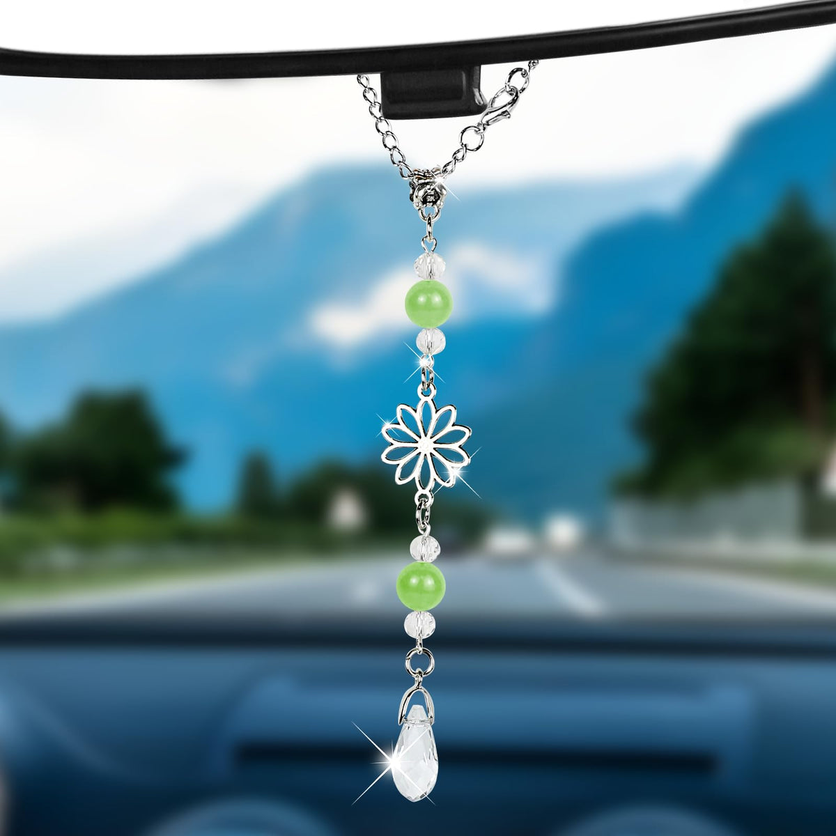 Hovom Flower Car Charm for Rear View Mirror, Cute Crystal Rearview Mirror Hanging Ornaments, Auto Window Boho Hanging Pendant Sun Catcher, Car Decorations Gifts for Women Girls (Pink)