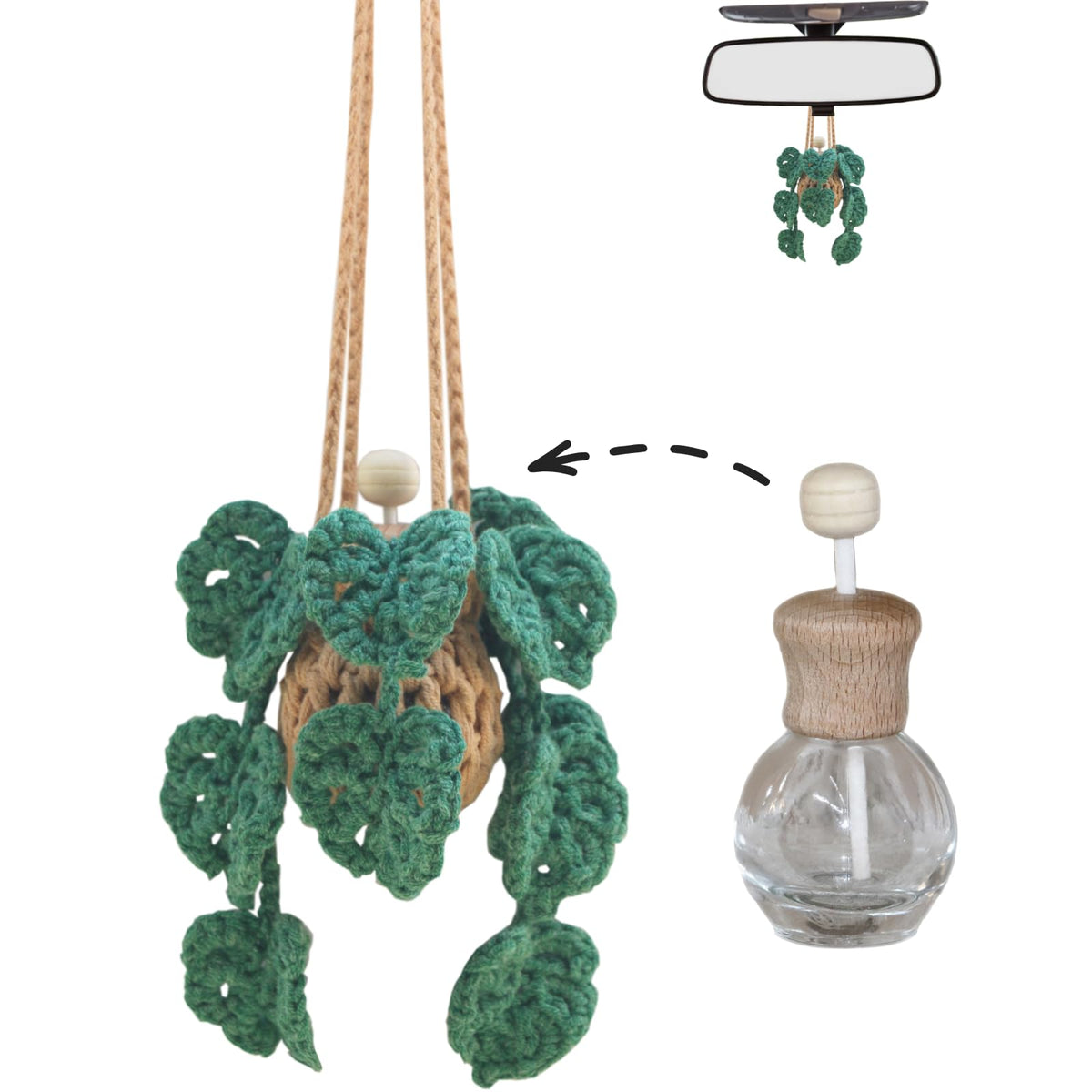 Cute Crochet Car Plant Monstera Essential Oil Diffuser Bottle - 12ml Refillable, Green Car Accessory for Mirror Decor and Home Decor
