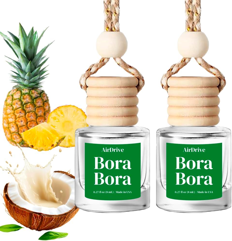 Car Air Freshener Tropical Bora-Bora 2 Pack Coconut Hanging Air Freshener Diffuser, Cute Car Accessories Air Freshner for Women & Men Gift Non-Toxic Car Scent Long Lasting Oil Diffuser Made in USA
