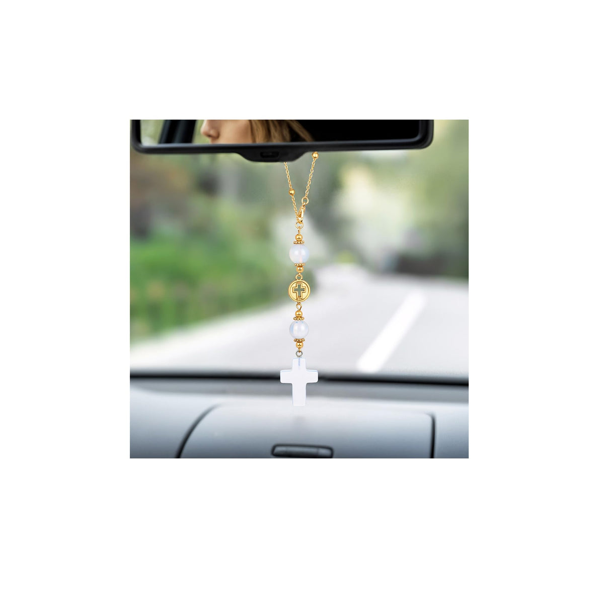 Cross Crystal Hanging Car Charm,Cute Healing Stones Car Decor for Rear View Mirror Boho Handmade Sun Catcher Ornament Accessories Rose Quartz Crystal Protection for Women