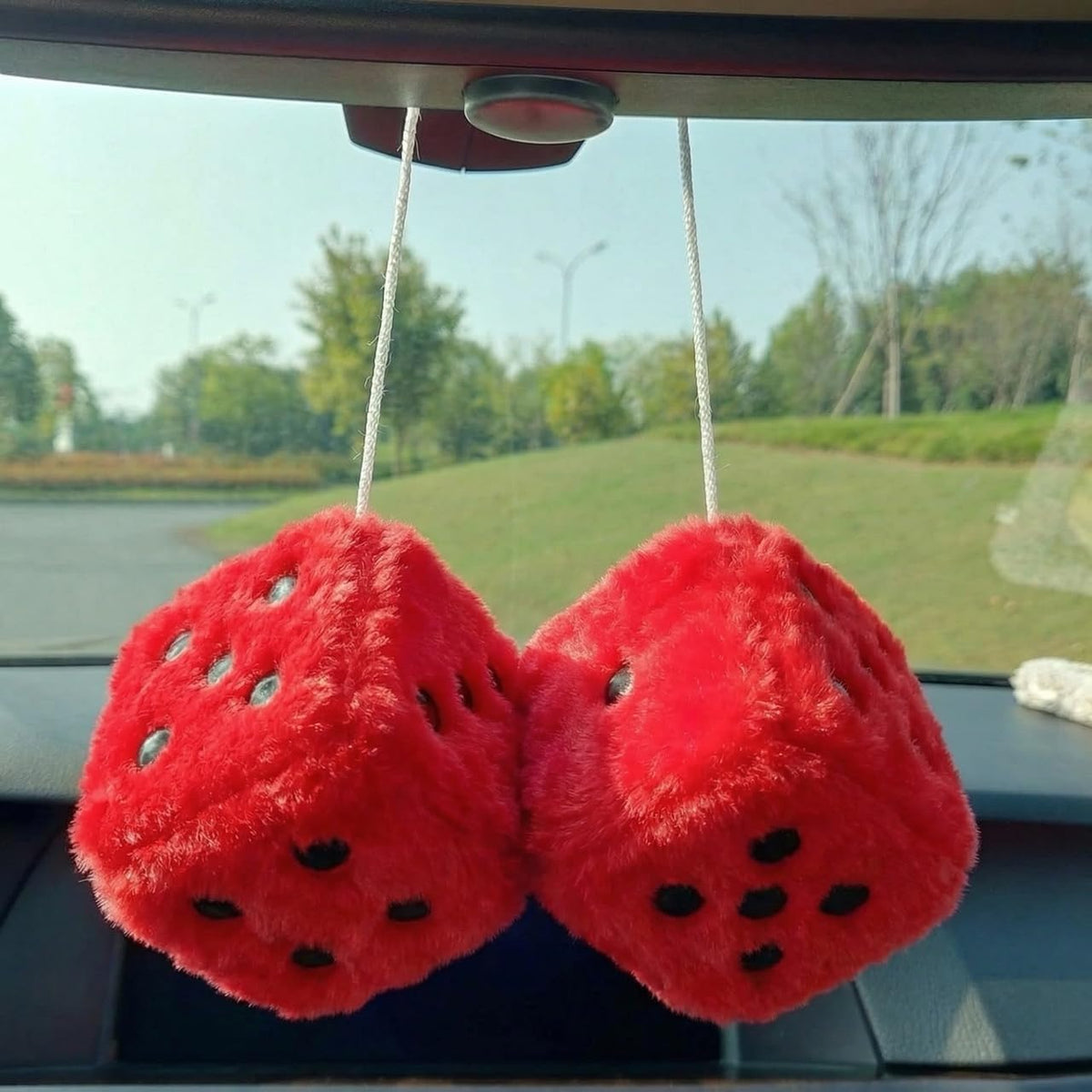 Fuzzy Plush Dice for Car Mirror, Pair of Retro 3” Red Dice with Black Dots for Car Interior Hanging Ornament Decoration