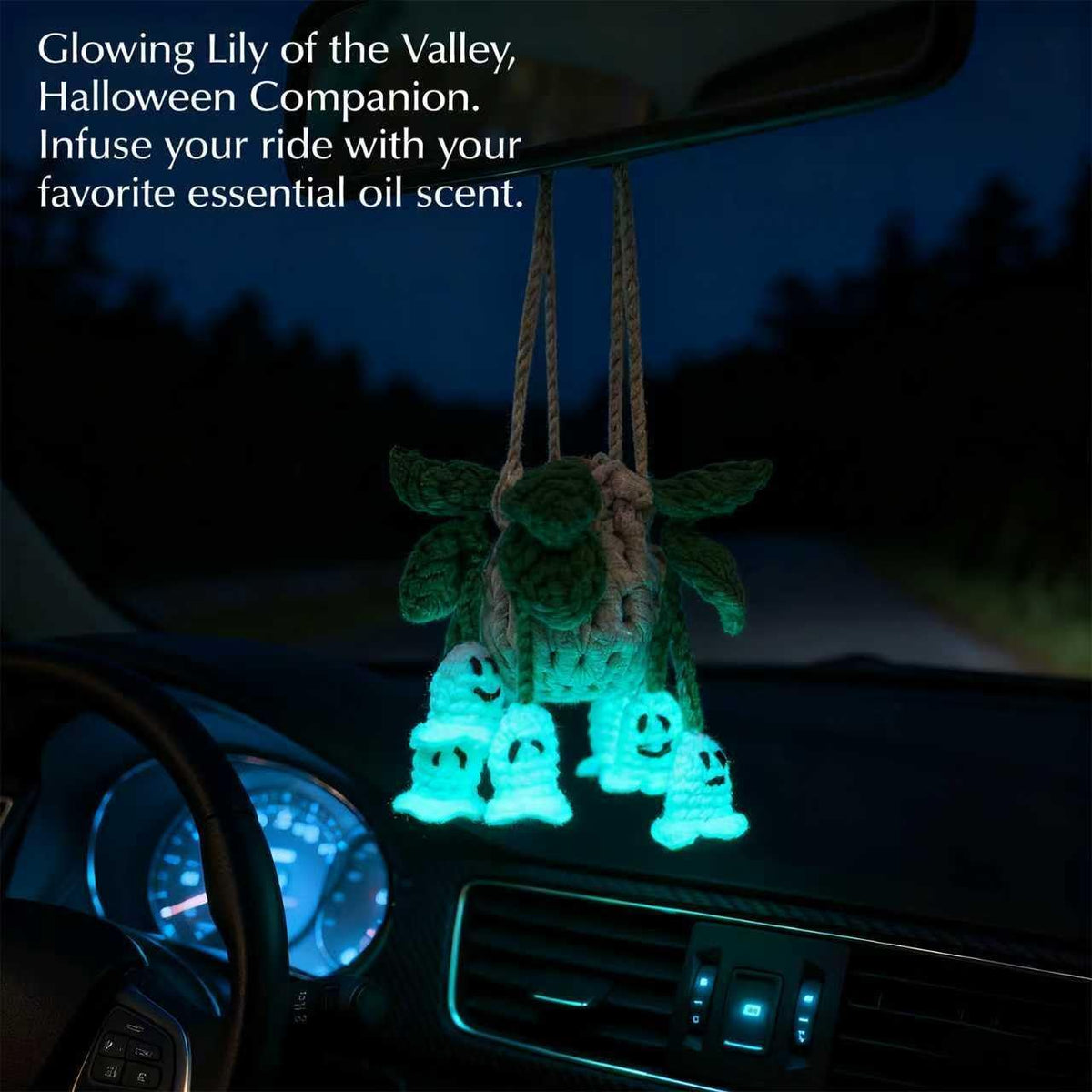 ROFIGL Handmade Crochet Hanging Car Air Freshener - Glow-in-the-Dark Lily of the Valley Plant with 12ml Refillable Essential Oil Diffuser Bottle, Halloween Car Accessories & Bedroom Nightlight Decor