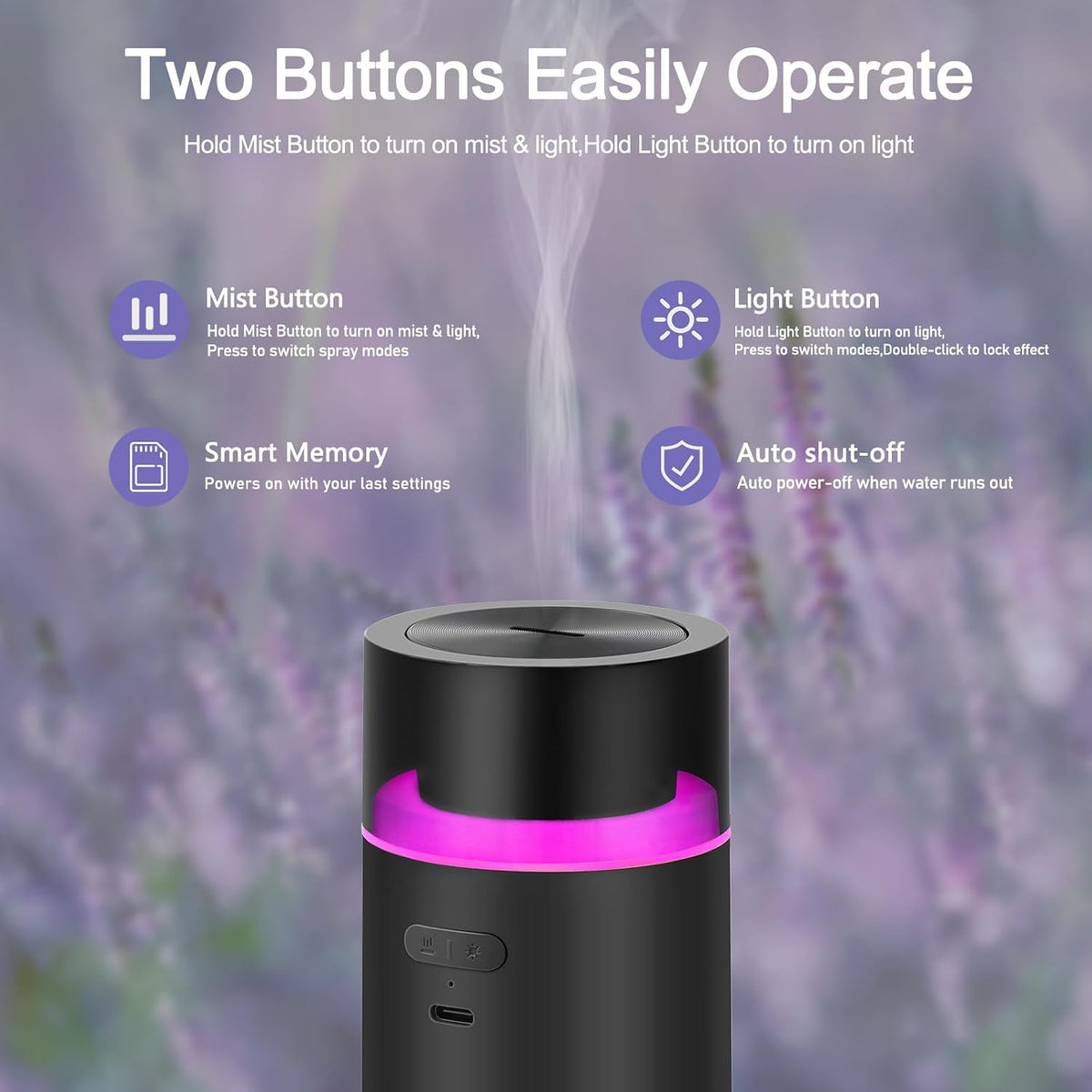 HODEMI Portable Smart Essential Oil Diffuser,Cold Mist Car Air Freshener Aromatherapy Diffuser with 10 LED Lights,Built-in Battery,Auto On/Off,4/8 Timer Modes,for Home Office and Travel (Black)