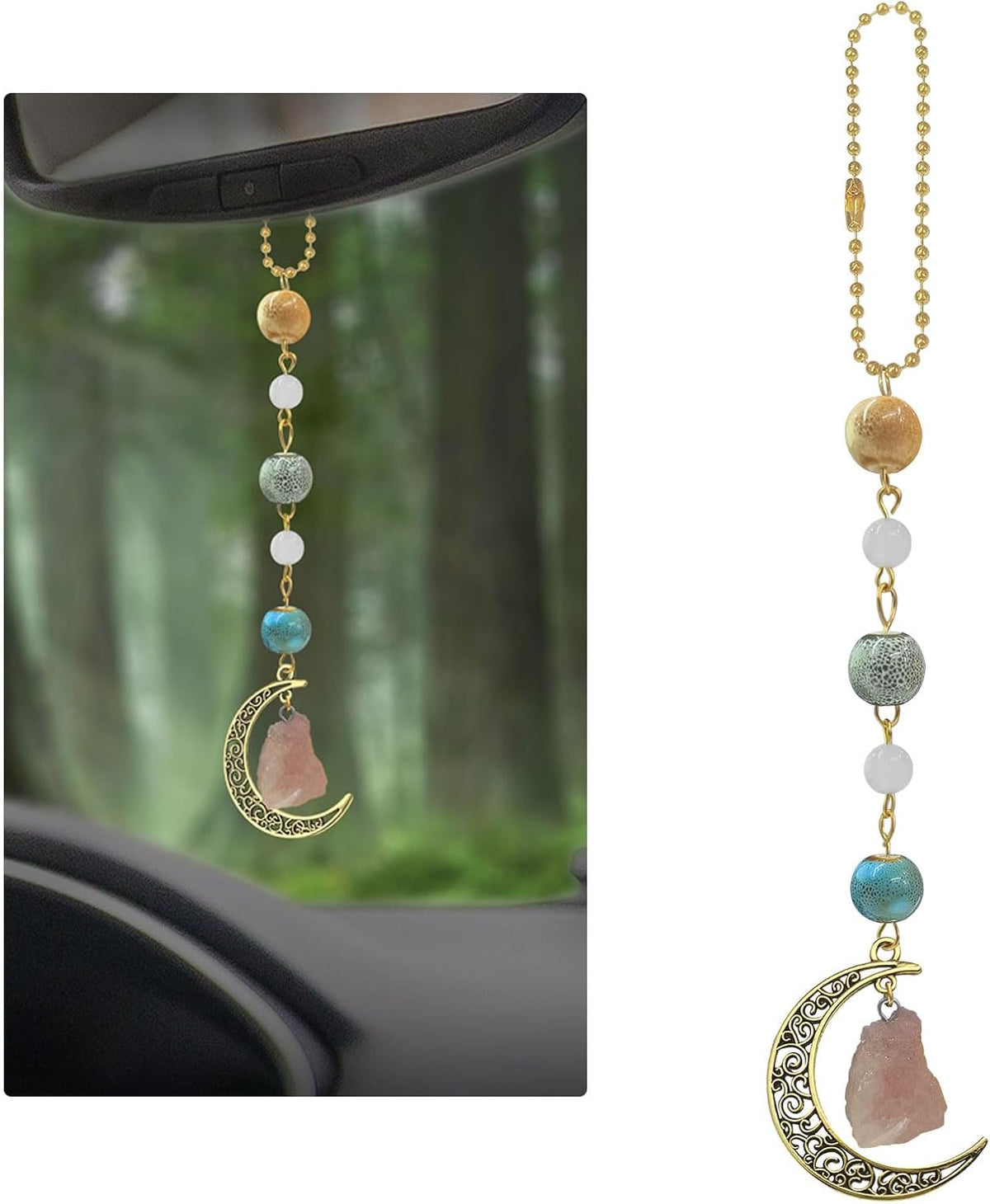 Boho Moon Hanging Car Charm, Crystal Rearview Mirror Pendant, Car Decor for Women, Cute Ceramic Accessory