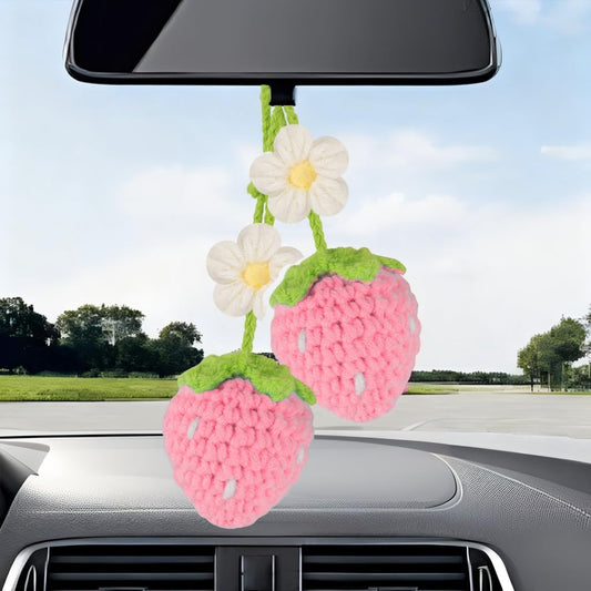 Crochet Strawberry and Flower Car Hanging Ornaments, Aesthetic Rearview Mirror Hanging Accessories, Handmade Car Decor 2-Pack, Pink