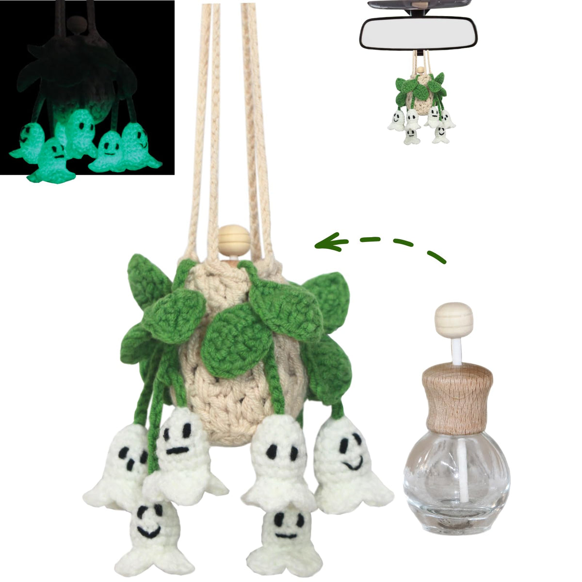 Cute Crochet Car Plant Monstera Essential Oil Diffuser Bottle - 12ml Refillable, Green Car Accessory for Mirror Decor and Home Decor