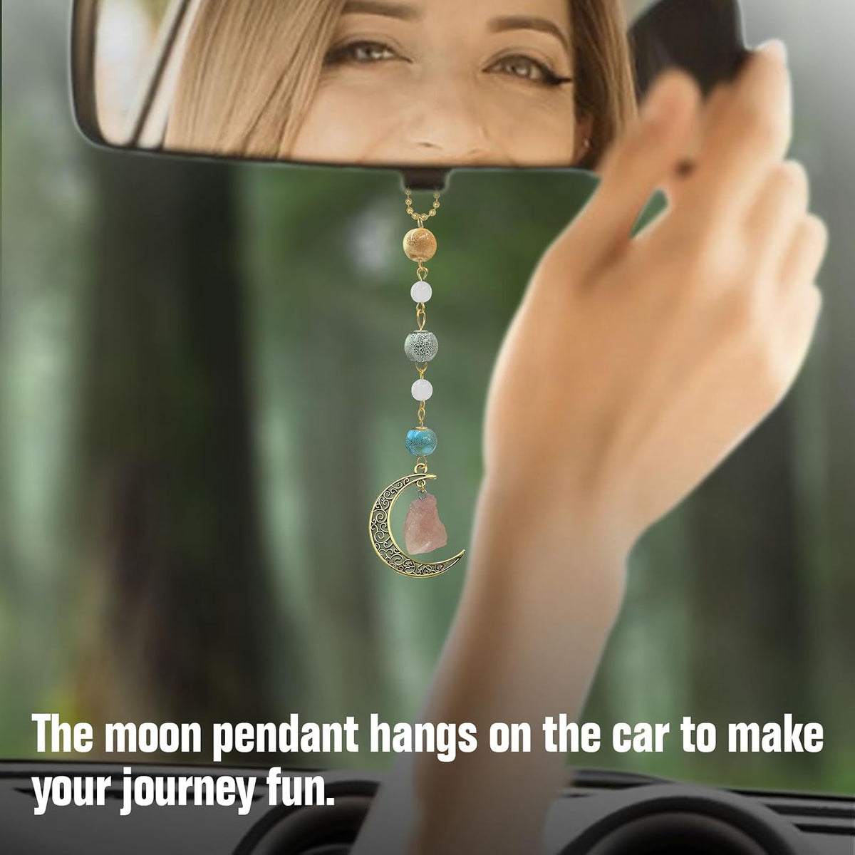 Boho Moon Hanging Car Charm, Crystal Rearview Mirror Pendant, Car Decor for Women, Cute Ceramic Accessory