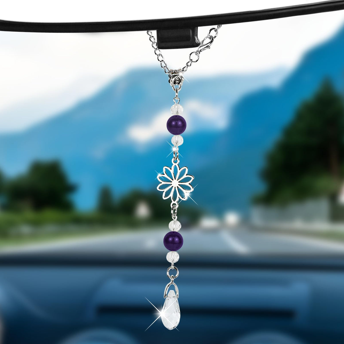 Hovom Flower Car Charm for Rear View Mirror, Cute Crystal Rearview Mirror Hanging Ornaments, Auto Window Boho Hanging Pendant Sun Catcher, Car Decorations Gifts for Women Girls (Pink)
