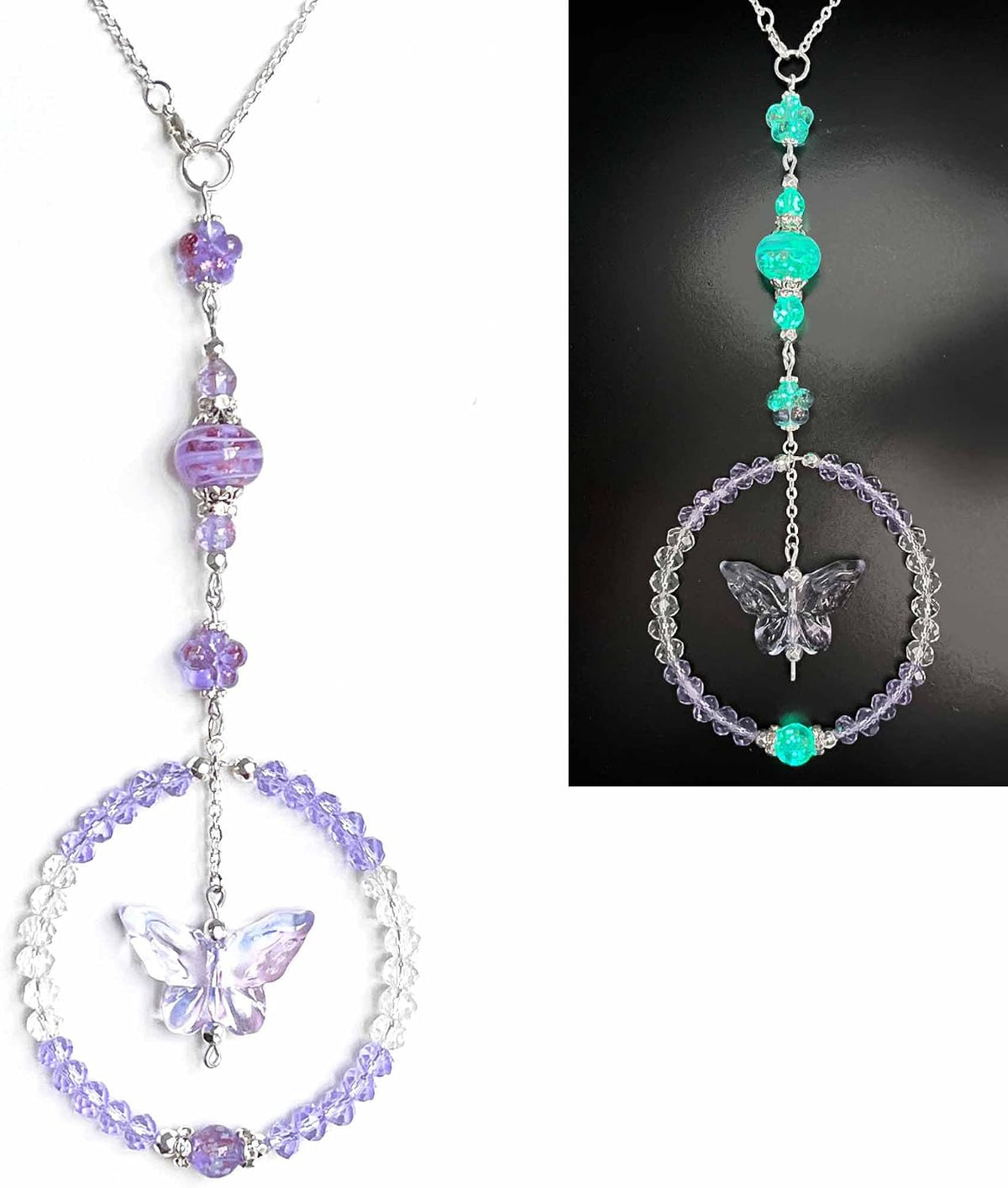 Artsy Crafts - Butterfly Hanging Car Charm for Rear View Mirror Accessories Dangling Sun Catcher Car Décor Ornament Murano Glass Firefly Beads Crystal Pendant (Puprple Butterfly)