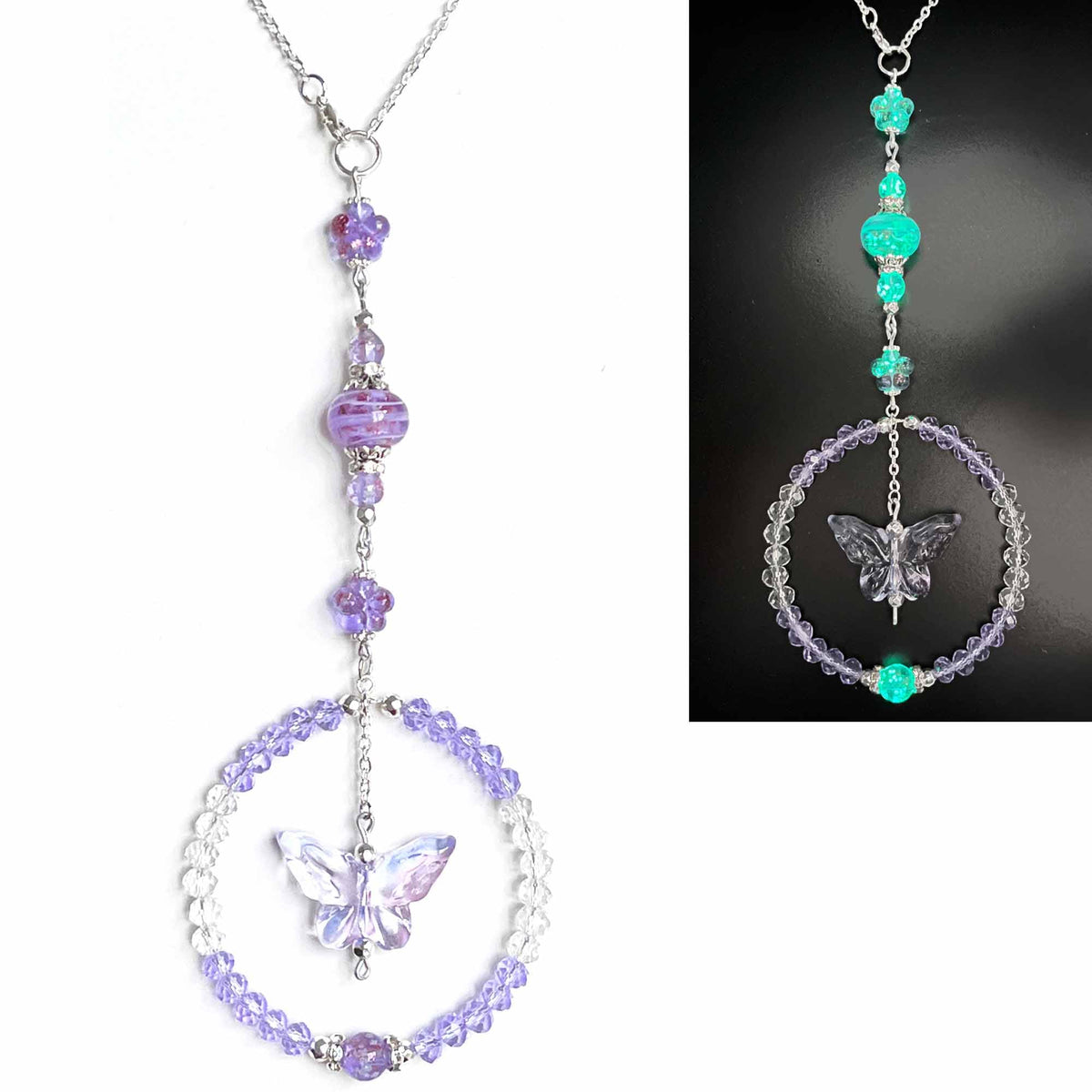 Artsy Crafts - Butterfly Hanging Car Charm for Rear View Mirror Accessories Dangling Sun Catcher Car Décor Ornament Murano Glass Firefly Beads Crystal Pendant (Puprple Butterfly)