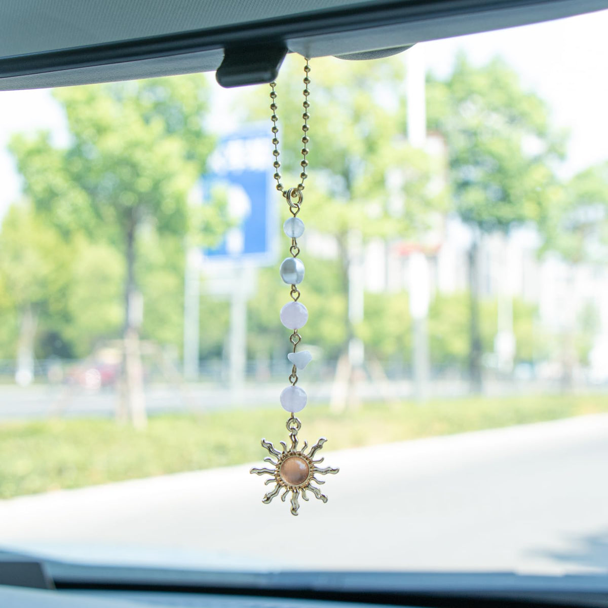 Sun Hanging Car Decor, Rear View Mirror Accessories, Cute Boho Car Accessories for Women, Handmade Charm, Natural Crystals Stones Ornament (Green Stone)