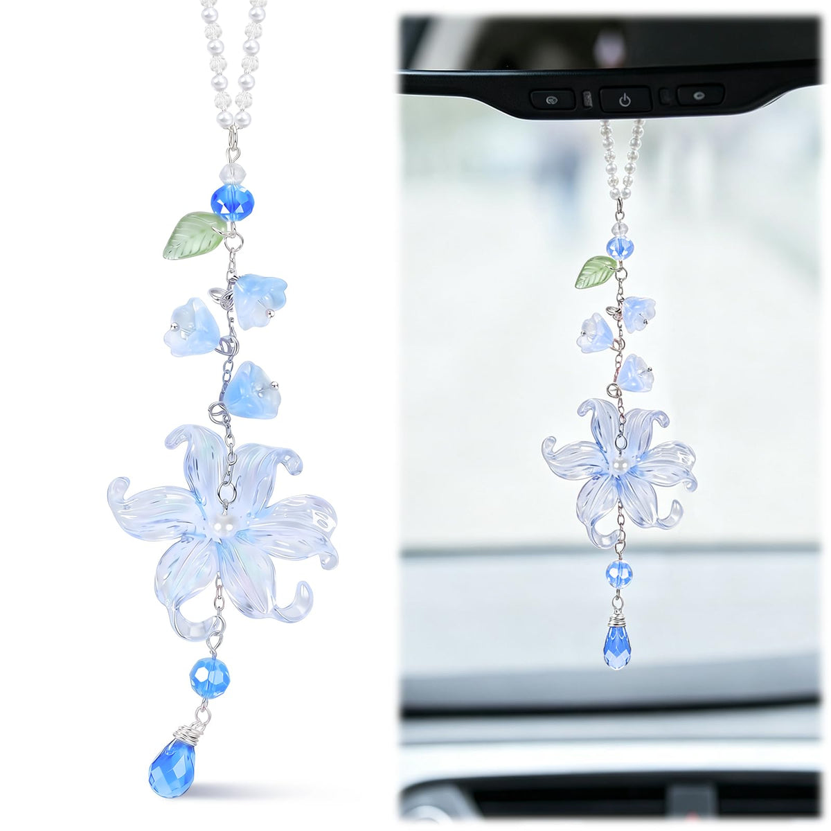 Lily of the Valley Car Charm Hanging Ornament - Floral Rear View Mirror Pendant with Crystal Leaf Beads, Handmade Resin Flower Auto Interior Accessory for Car Truck SUV, Gift for Women Girls (Pink)