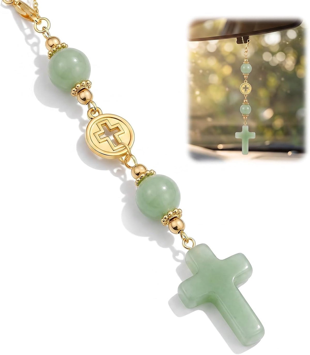 Green Crystal Cross Car Hanging Charm, Boho Blessing Rear View Mirror Ornament, Healing Stone Car Decor Accessories for Women