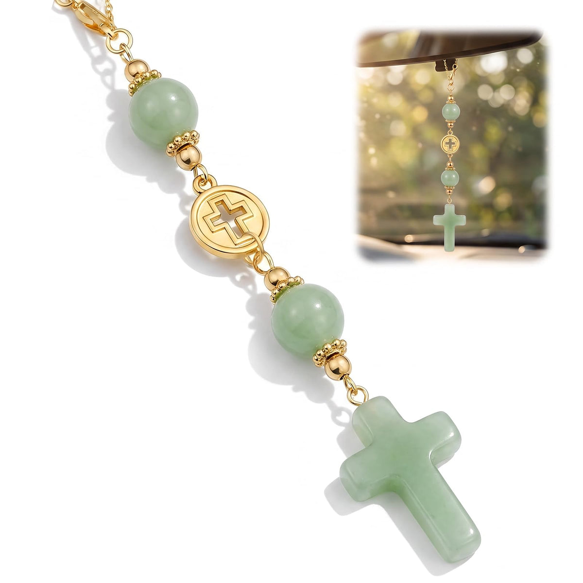 Green Crystal Cross Car Hanging Charm, Boho Blessing Rear View Mirror Ornament, Healing Stone Car Decor Accessories for Women